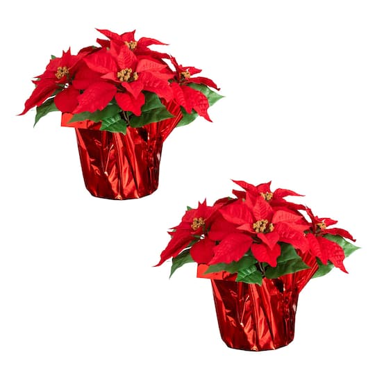 Nearly Natural 13" Artificial Potted Poinsettia Arrangement in Red Wrapped Planters